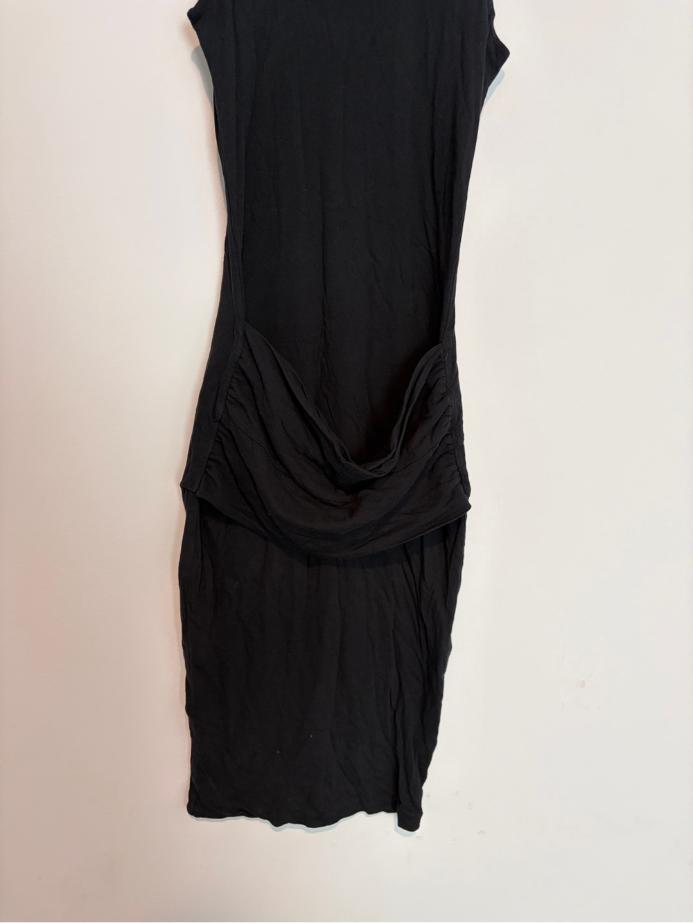 James Perse Black Draped Midi Dress 0 Ruched Bodycon Minimalist Made USA - Picture 2 of 5